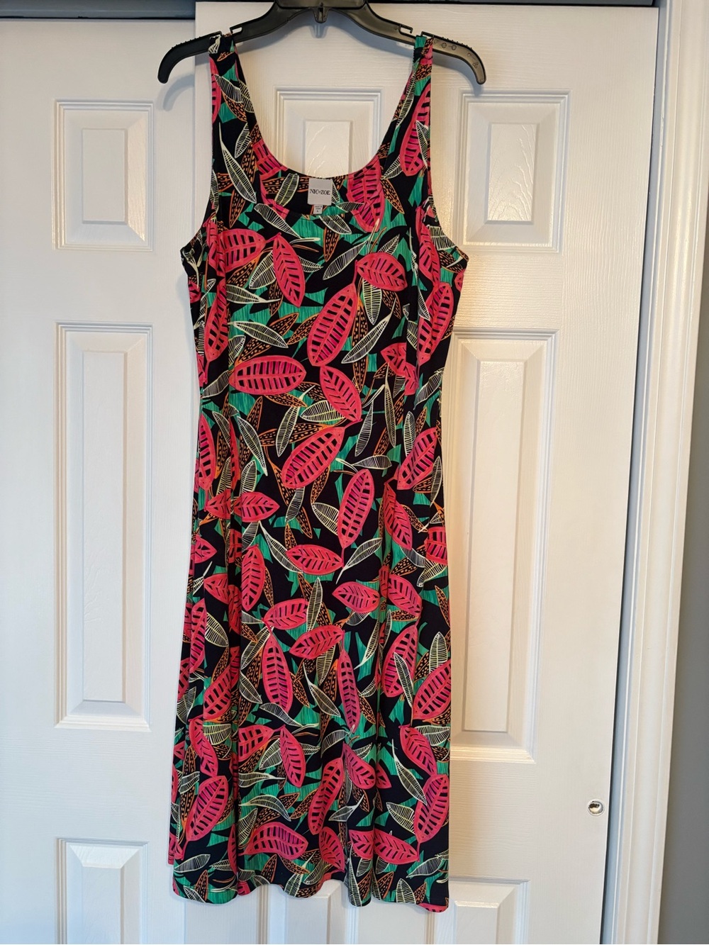 Nic and Zoe Sleeveless Black Dress with Pink and Green Leaf Print